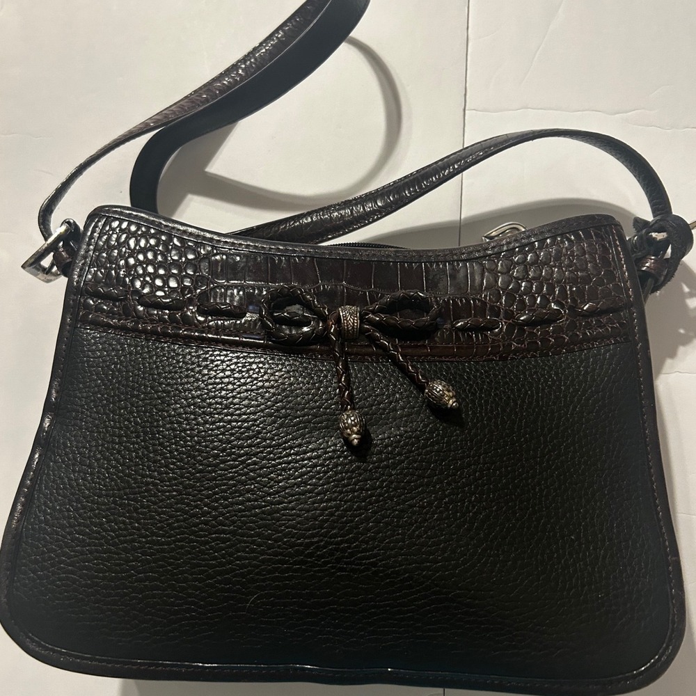 Brighton Dark Brown Pebbled Leather Croc Trim Braided Bow Shoulder Bag
